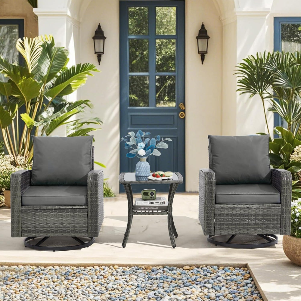3 Piece Patio Set, Outdoor Swivel Chair, Wicker Patio Bistro Set with Side Ta...