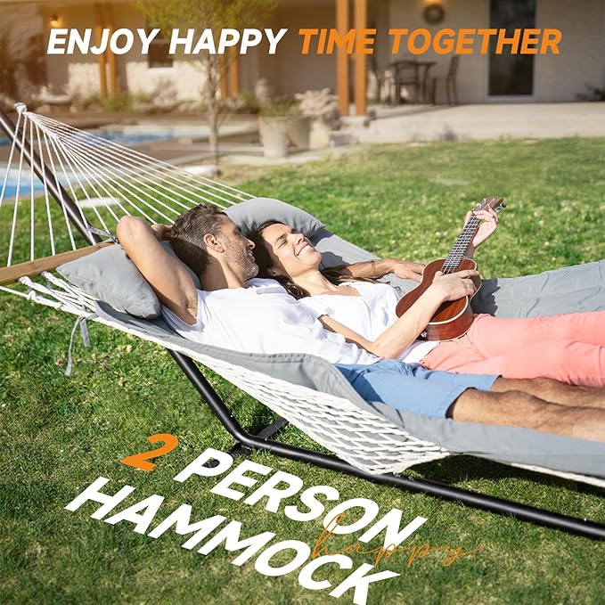 2 Person Outdoor Hammock with Stand, Cotton Rope Hammock with Polyester Pad, ...