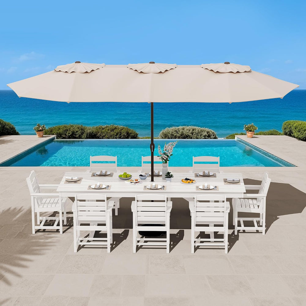 SERWALL 10Pcs 84" HDPE Outdoor Dining Set w/Armchairs & Umbrella,White