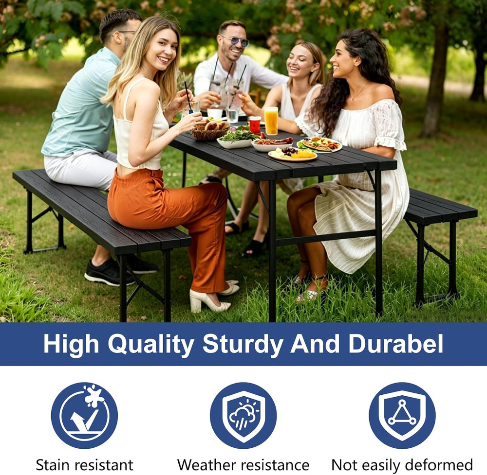 6FT Folding Table with 2 Benches for Picnic, Party, Camping, School, Black
