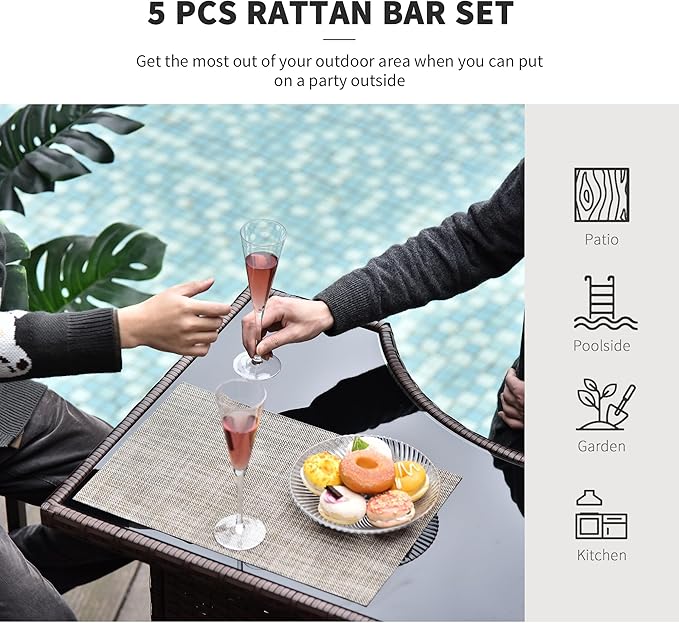 Outsunny 5 Pcs Rattan Wicker Bar Set, High Top Outdoor Table and Chairs, Bar ...