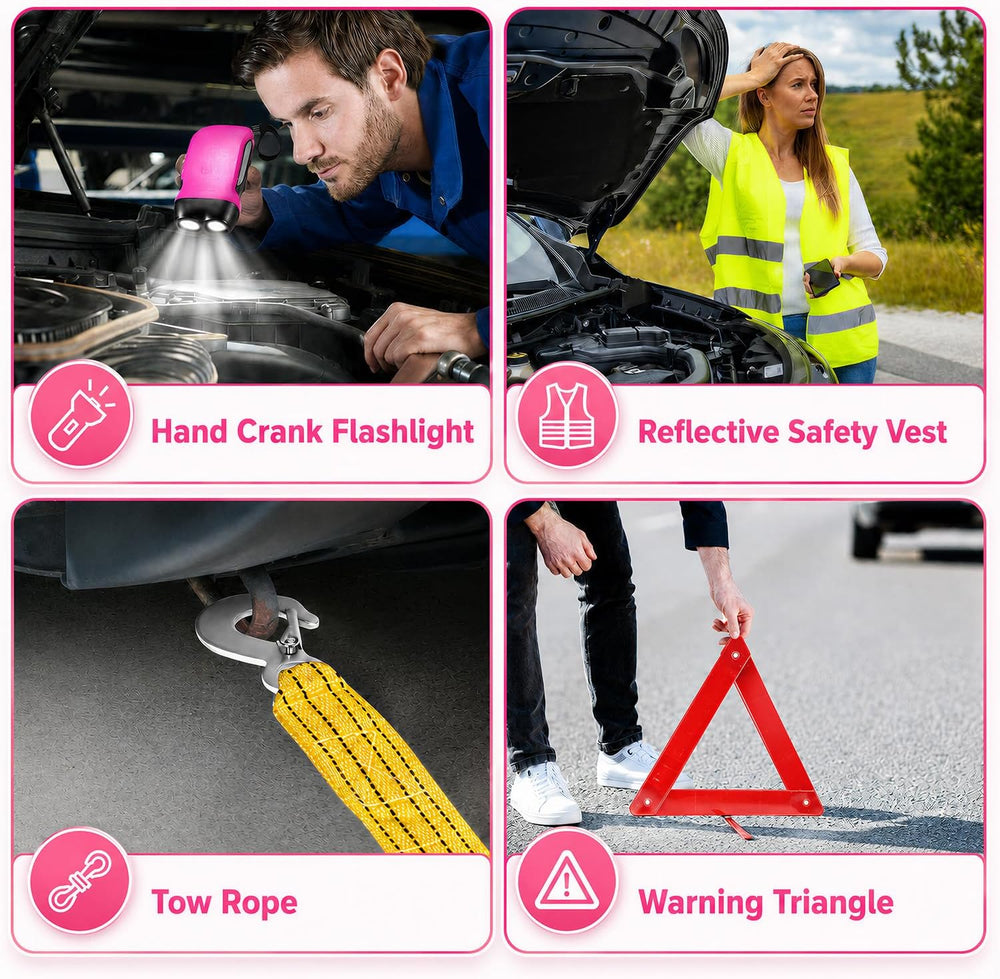 Pink Roadside Car Emergency Kit for Women, Safety Kit with Jumper Cables