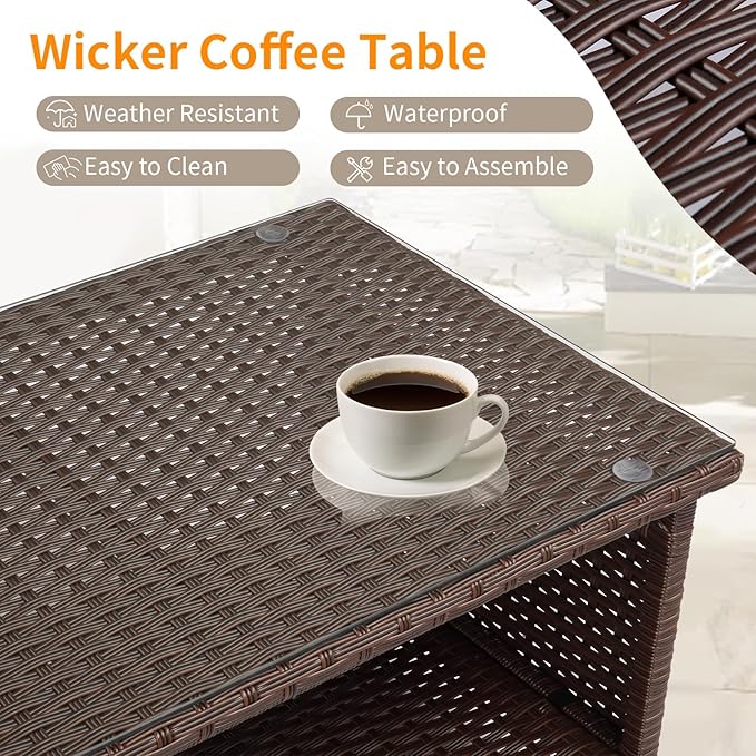 VINGLI Outdoor Wicker CoffeeTable Patio Coffee Tables for Outside, Tempered G...