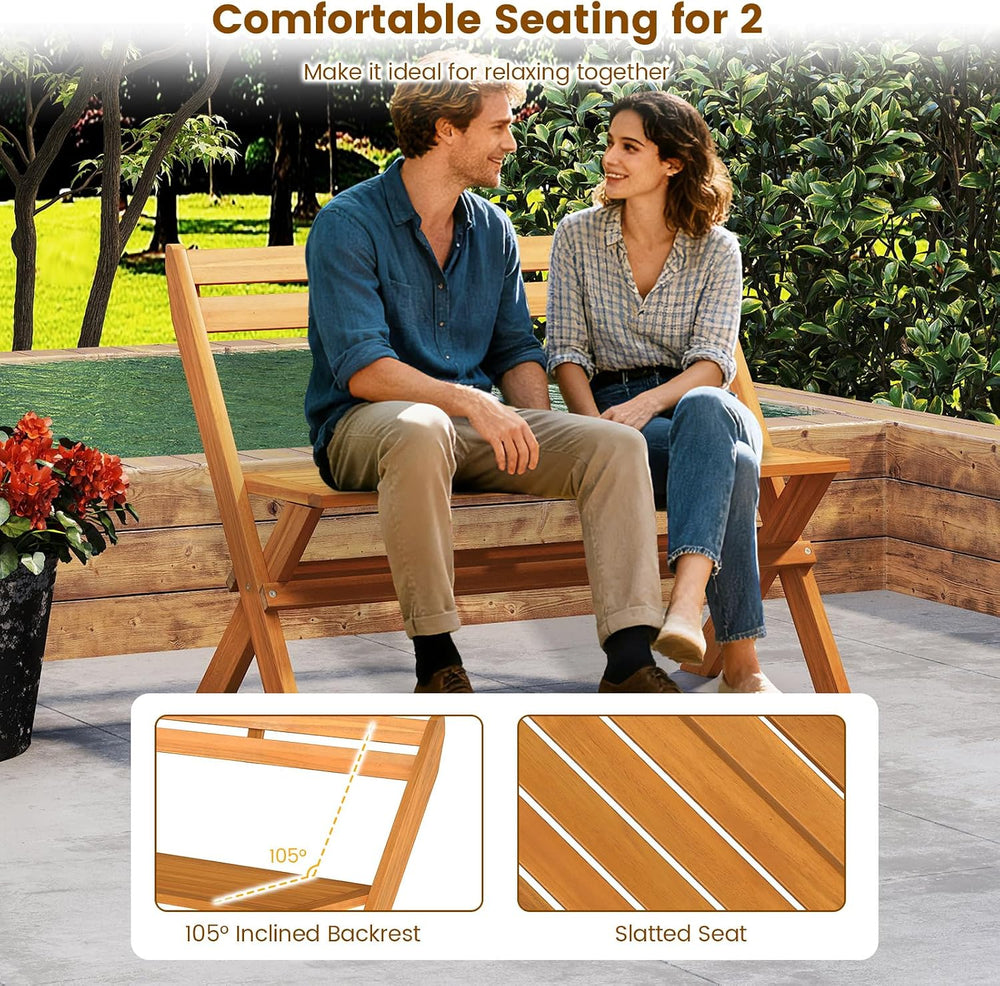 Tangkula Foldable Acacia Wood Outdoor Bench, 2-Person Patio Garden Bench with...