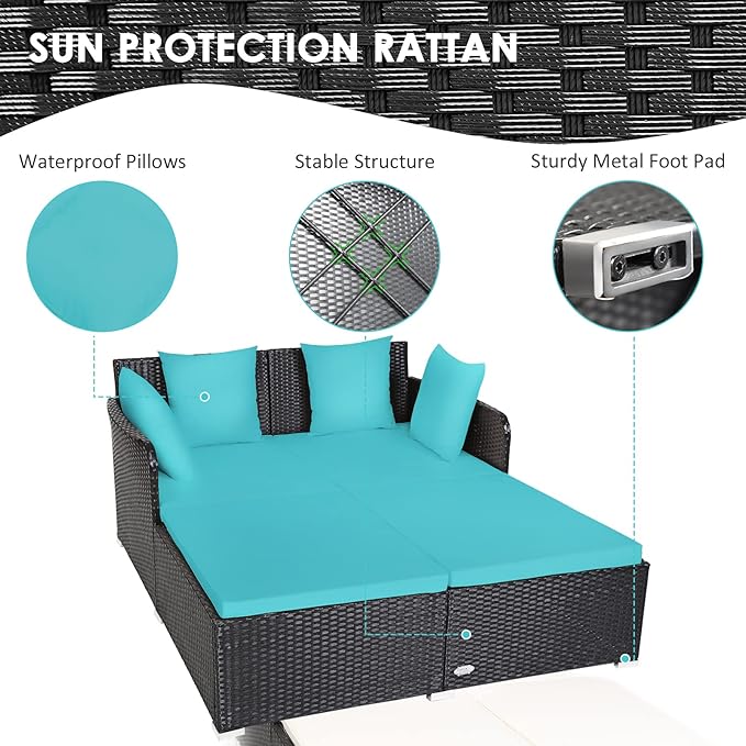 COSTWAY Outdoor Patio Rattan Daybed, Sponge Cushioned Loveseat Sofa with 4 Pi...
