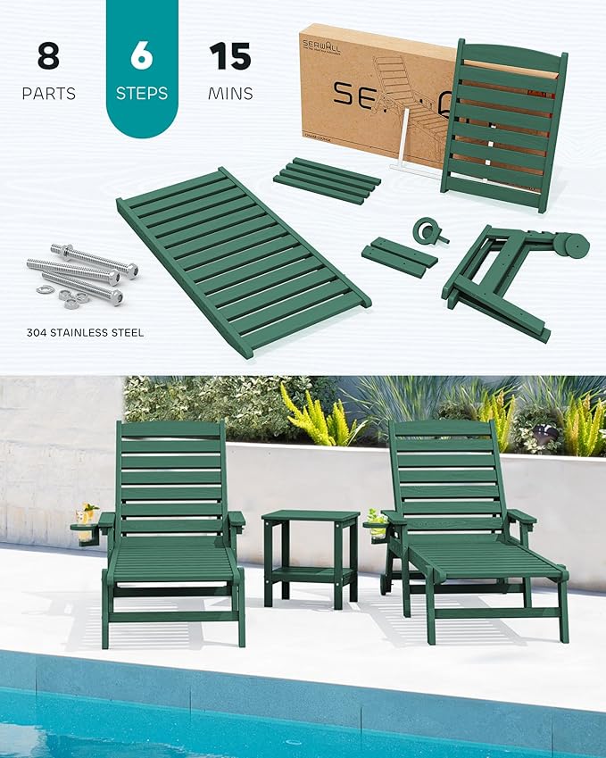 SERWALL Patio Chaise Lounge Chair Set of 2, 78'' Long 5-Positions Adj...