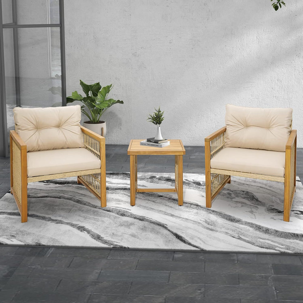 Tangkula 3 Pieces Acacia Wood Patio Furniture Set, PE Wicker Bistro Set with ...