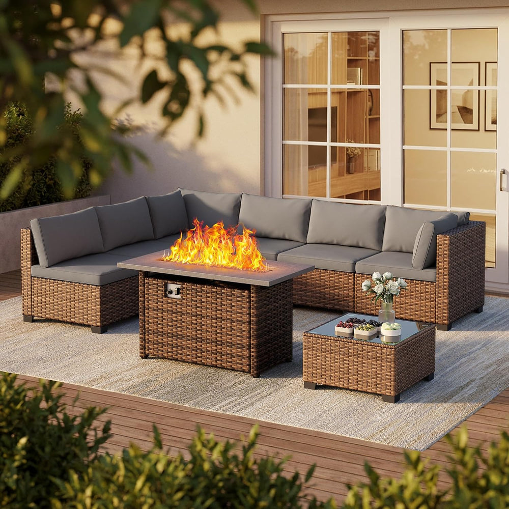 Qsun 8 Pieces Outdoor Patio Furniture Set with 44.9" Fire Pit Table, All...