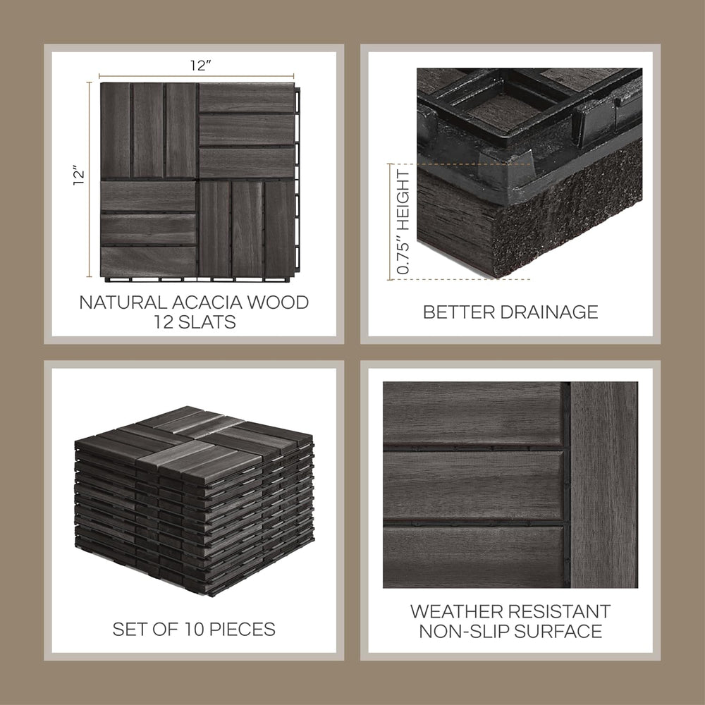 THYOI Premium Deck Tiles, 10 Pcs Patio Flooring - Black - Crossed Pattern