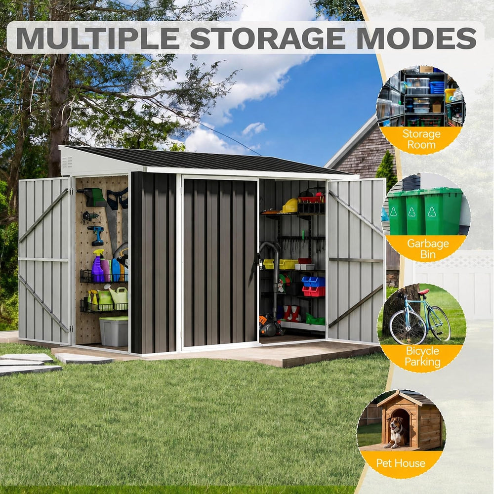 DWVO 7x4 FT 3-Door Storage Shed, Lockable Metal for Bike - Dark Gray