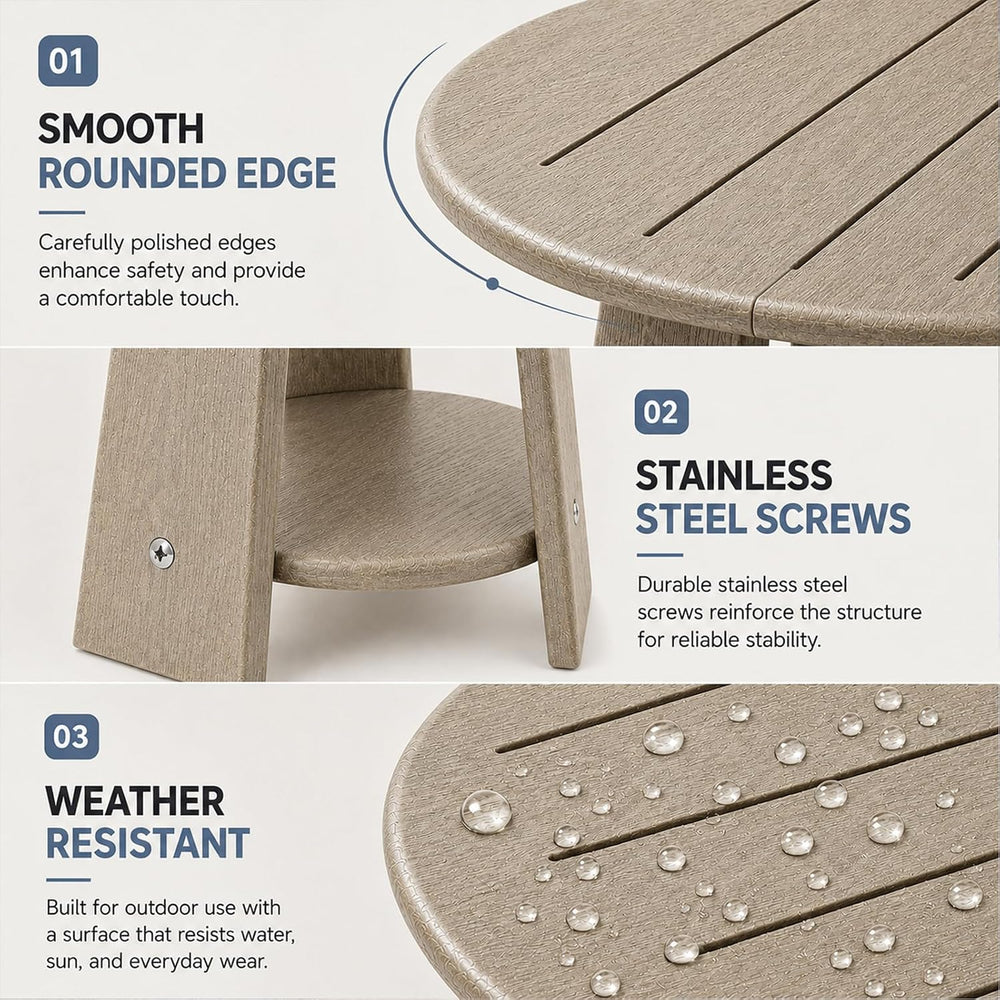Round Outdoor Side Table, 2-Tier Small HDPE Side Table, Brown