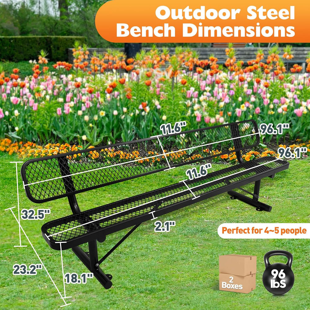 Metal Park Bench for Outside, Outdoor Bench with Backrest & Portable Frame