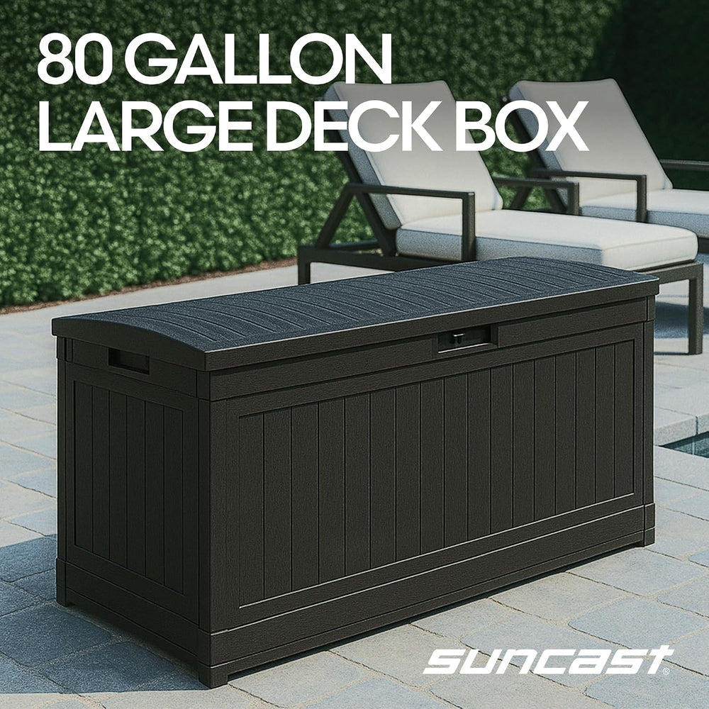 Suncast 80 Gal, Large Outdoor Patio Deck Box, Pad-Lockable Lid, Iron Ore