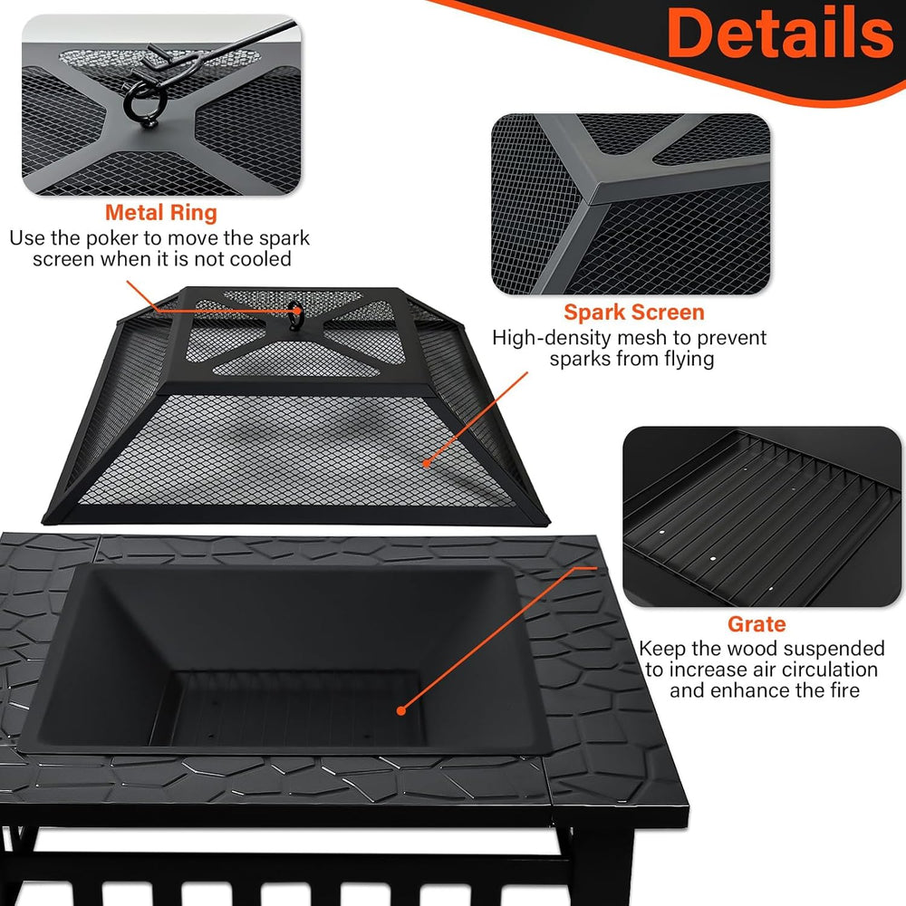 32 Inch Fire Pit Table with Fire Poker & Spark Screen, Outdoor Burning Fi...
