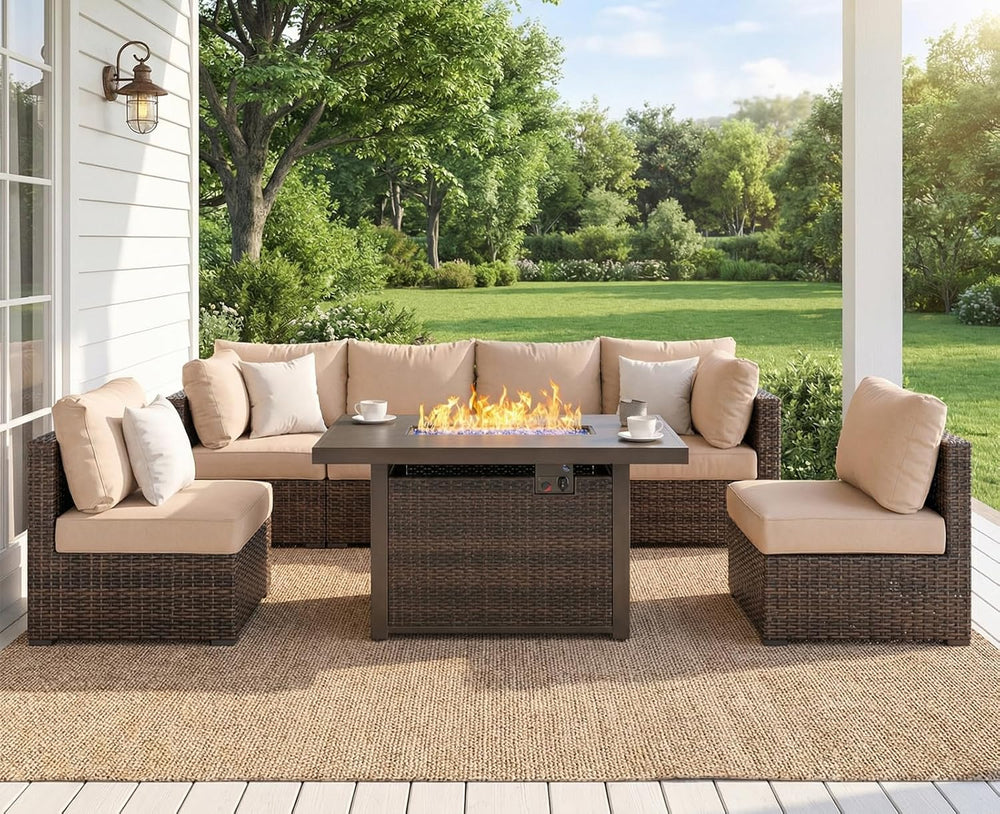 7 Piece Outdoor Patio Furniture Set with 42" Fire Pit, Wicker Furniture ...