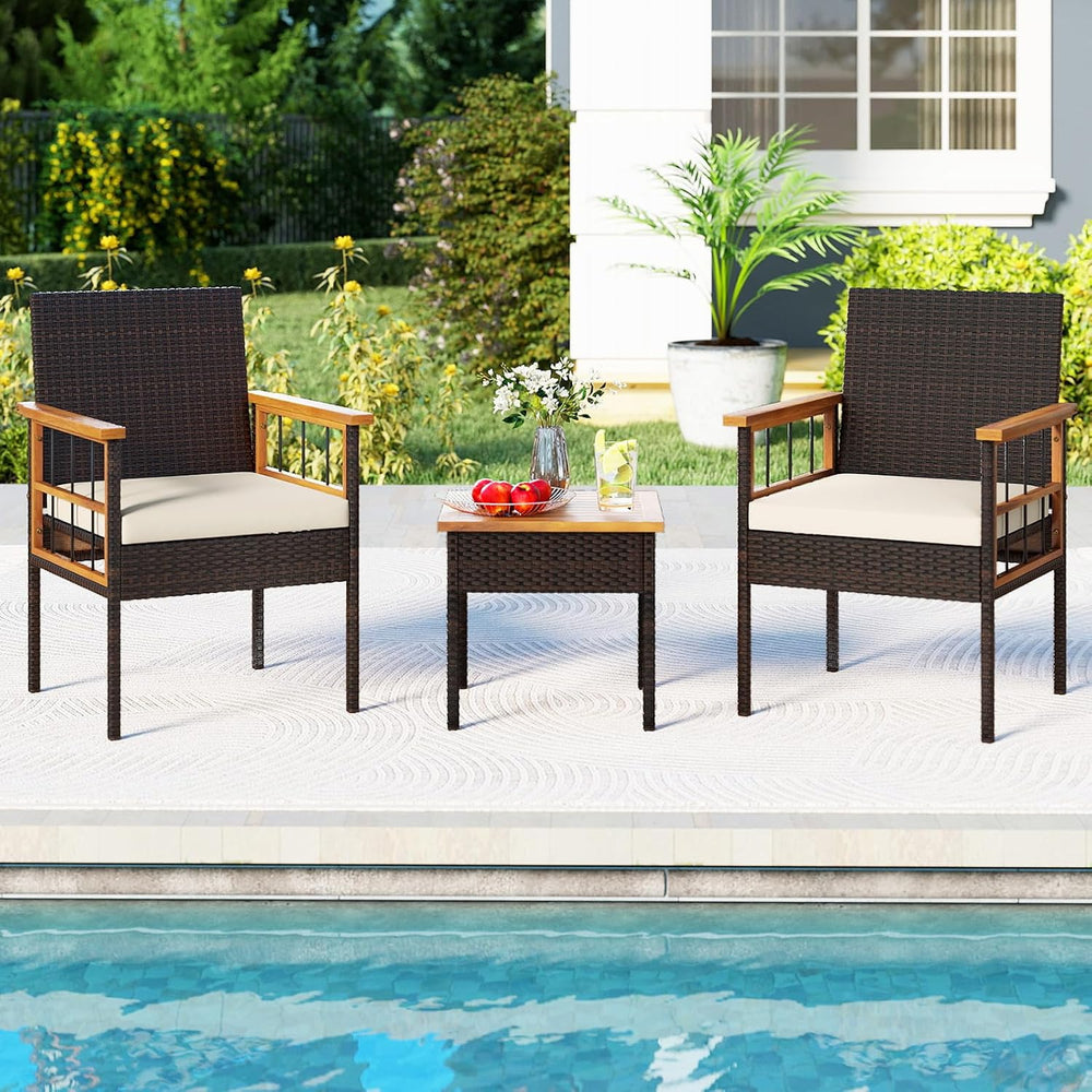 Tangkula 3 Piece Outdoor Wicker Conversation Furniture Set, Patio Rattan Cush...