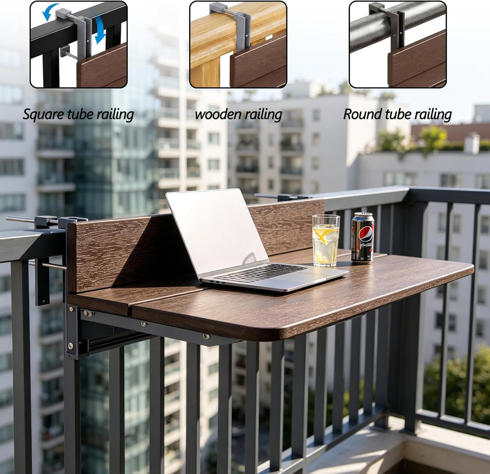 Balcony Bar Table for Railings, Outdoor HDPE Hanging Folding Adjustable Heigh...
