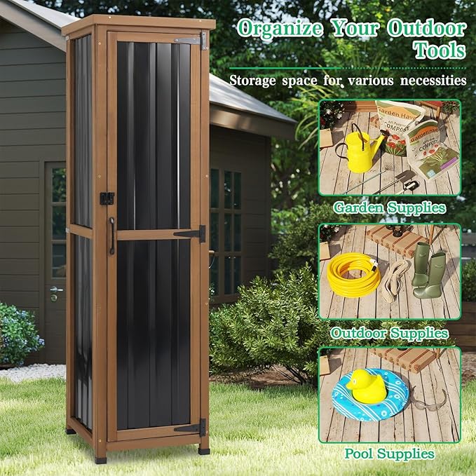 Outdoor Storage Cabinet Weatherproof, Tall Wood Garden Potting Bench Table wi...