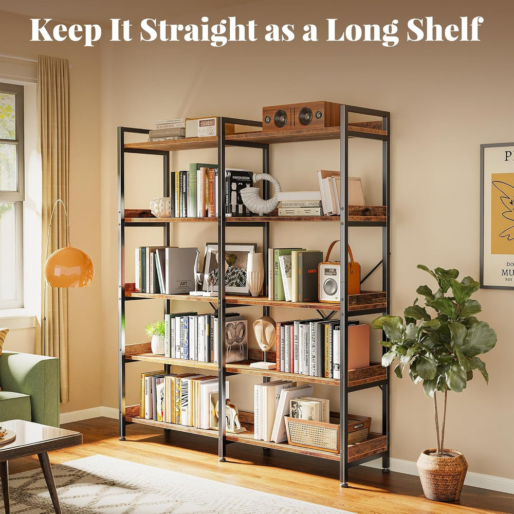 Huuger 5 Tier Bookshelf with 10 Open Shelves and Raised Baffle, Rustic Brown