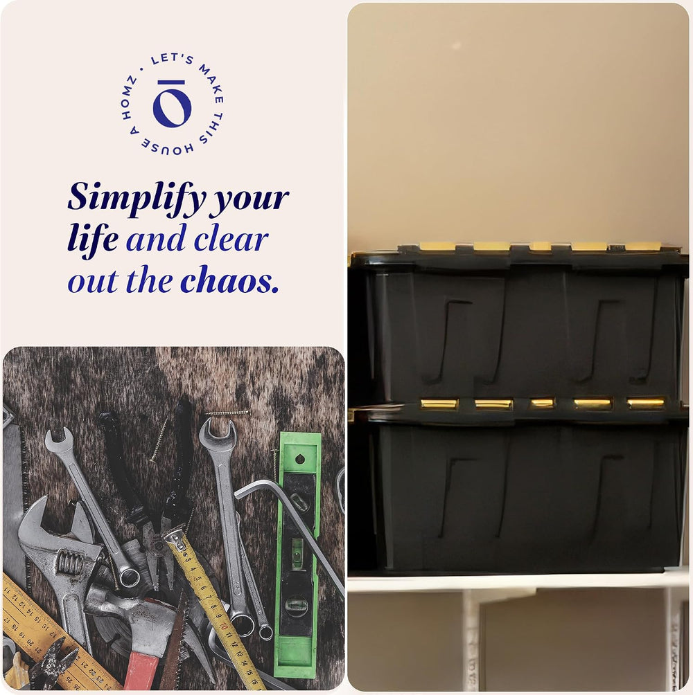 HOMZ Durabilt Plastic Storage Bins with Lids, 15 Gal, Black/Yellow, 2 Pack