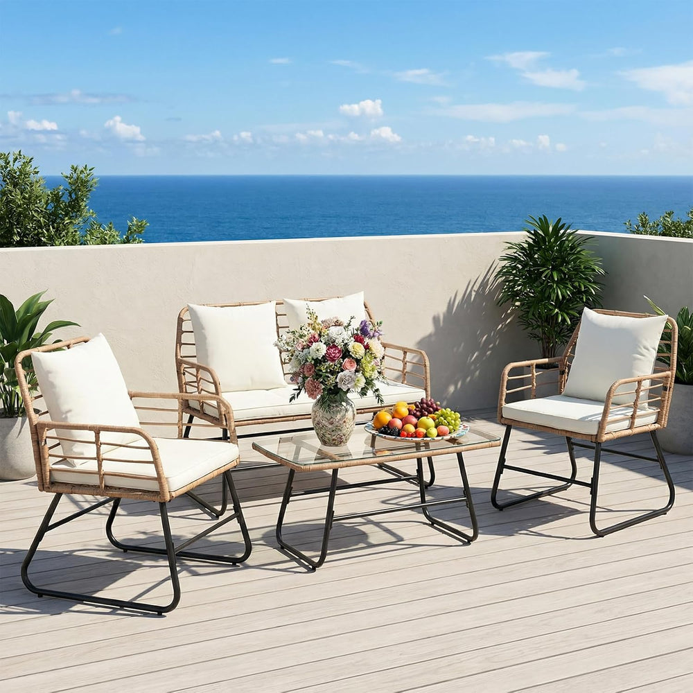 DUMOS Outdoor 4 Piece Outdoor Patio Furniture Set, Wicker Patio Set