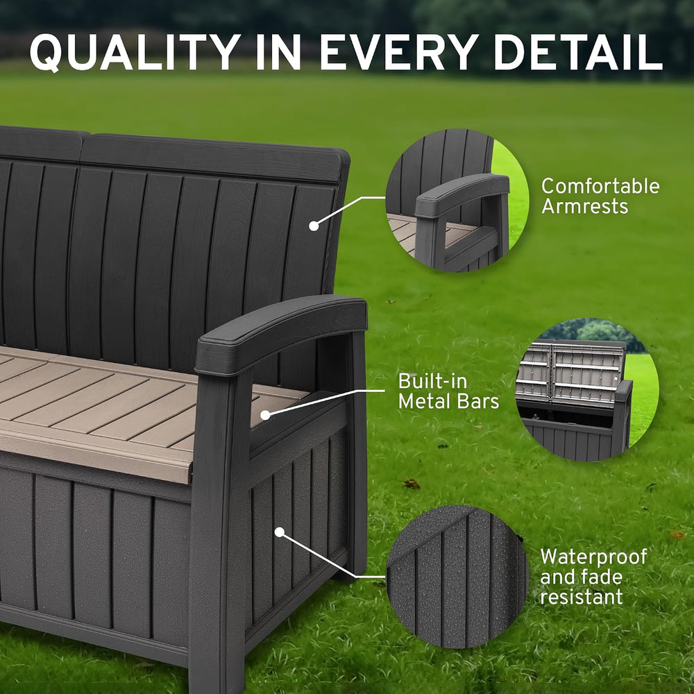 EconoHome 2 Seat Outdoor Storage Bench with Rain Cover - 60 Gallon Capacity -...