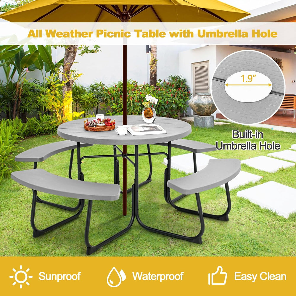 Tangkula 8 Person Round Picnic Table with 4 Built-in Benches, Grey