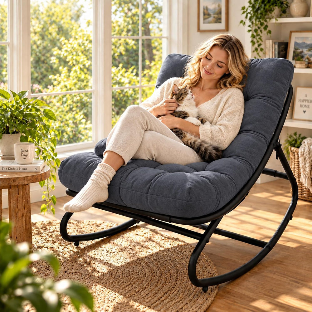 Garvee Outdoor Rocking Chair, Metal Frame Patio Papasan Rocker, Adjustable Sw...