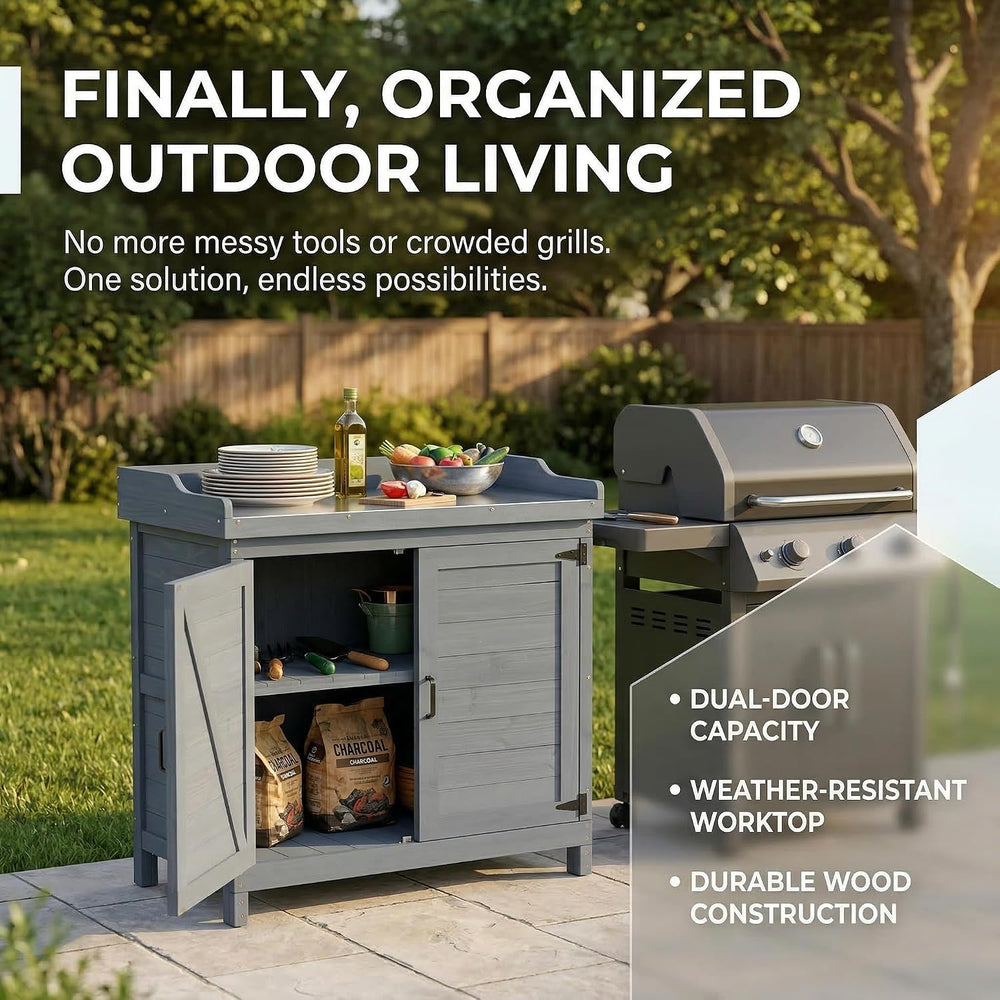GDLF Outdoor Storage Cabinet with Work Bench, Garden Potting Table, Gray