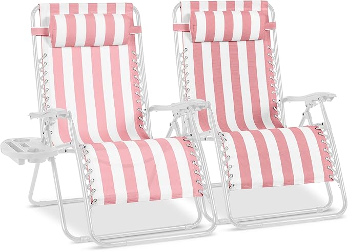 Best Choice Products Set of 2 Extra Wide Adjustable Steel Mesh Zero Gravity Lounge Chair Recliners w/Pillows and Cup Holder Trays - Flamingo Stripes/White