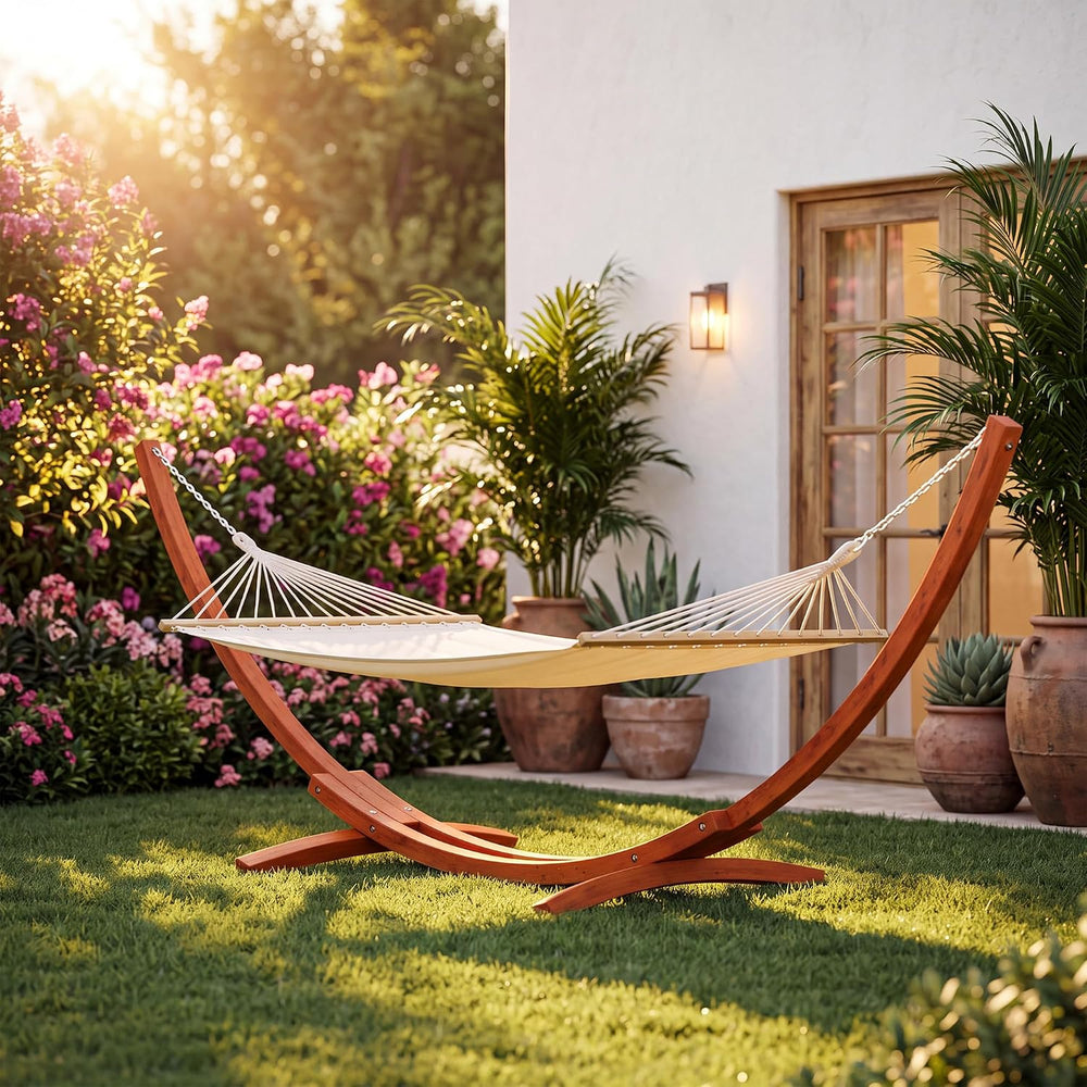 13 FT Wooden Hammock with Stand, Outdoor Double Hammock with Wood Stand 2 Per...