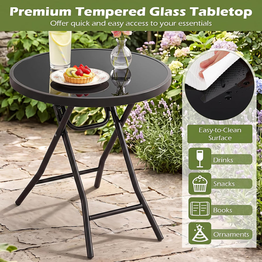 GIANTEX Folding Side Table w/Tempered Glass Tabletop & Metal Frame Set of 2