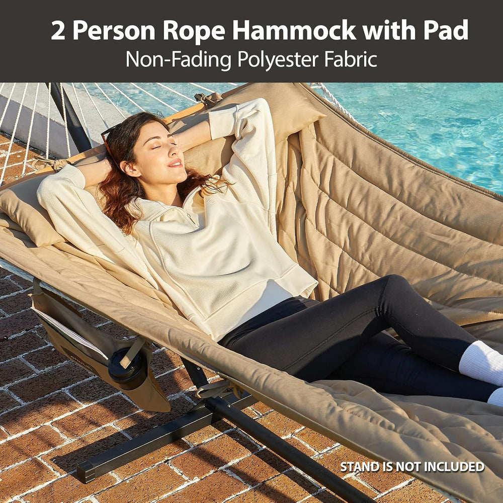 Double Rope Hammock with Spreader Bars Removable Quilted Pad, Pillow