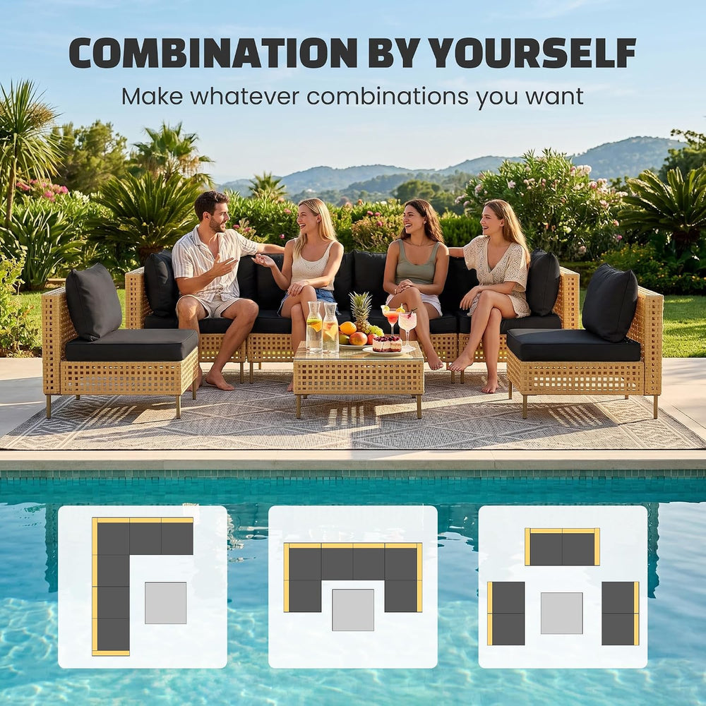 LHBcraft 7-Piece Patio Furniture Set, Handmade Rattan Outdoor Furniture Set, ...
