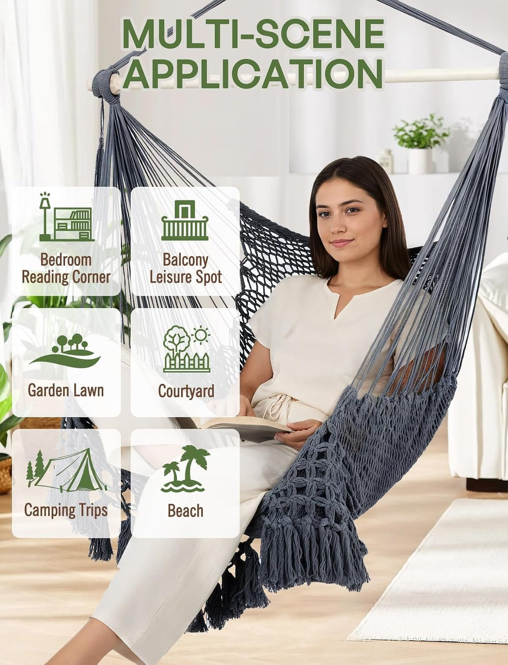Chihee Hammock Chair Handmade Woven Mesh Hanging Seat Metal Spreader Bar