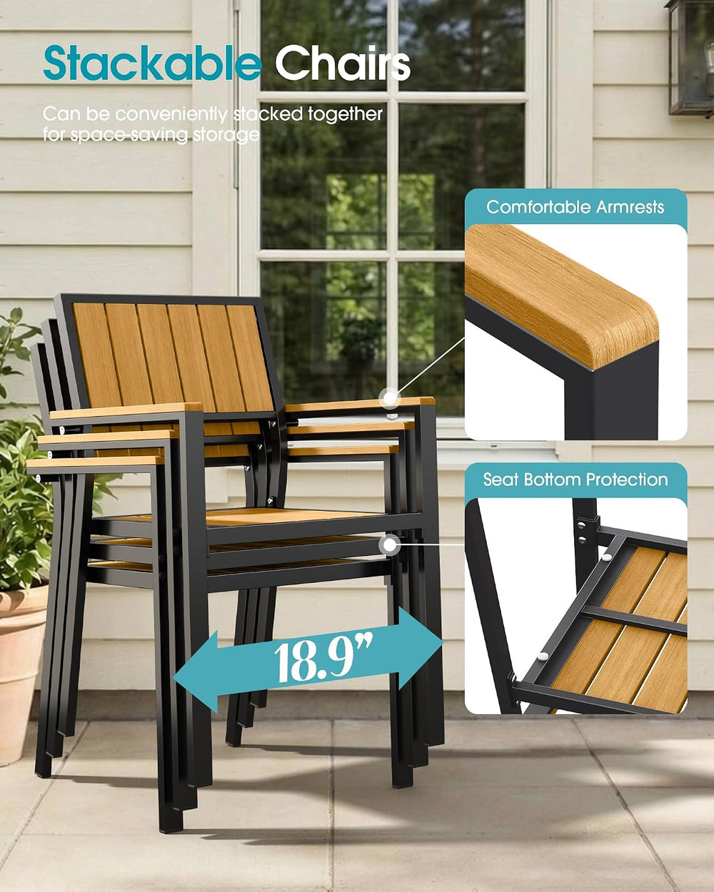 Aluminum Outdoor Dining Set of 6, Patio Table and Stackable Chairs, Teak
