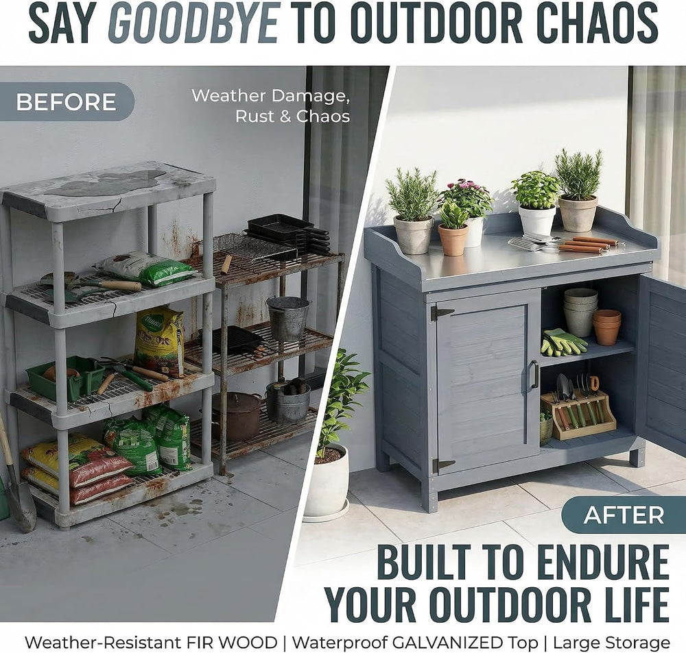 GDLF Outdoor Storage Cabinet with Work Bench, Garden Potting Table, Gray