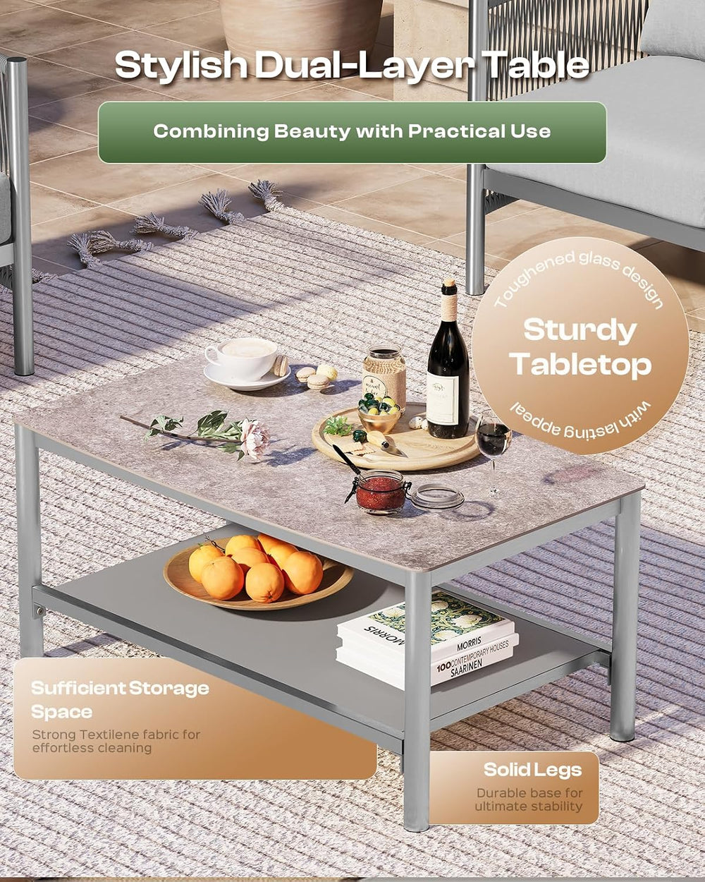 Aluminum Outdoor Patio Furniture Set with Dual-Layer Coffee Table, 5 Piece Mo...
