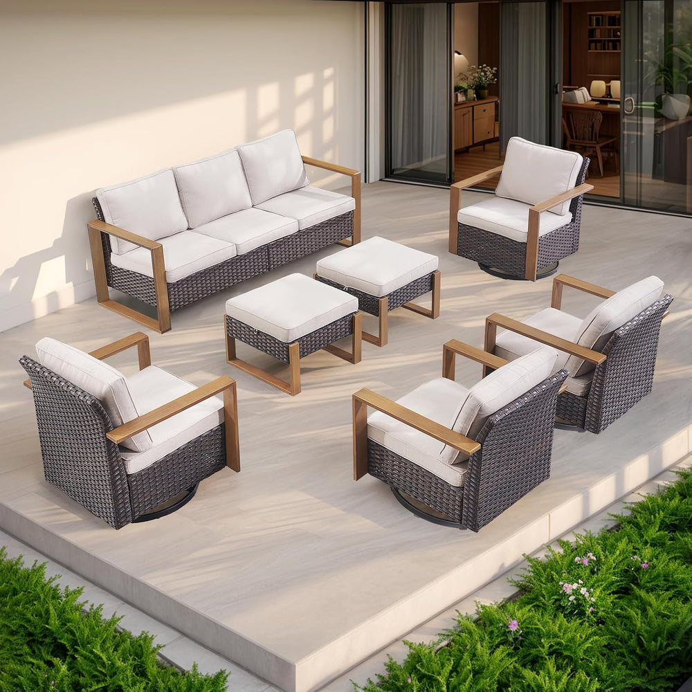 Brown Outdoor Wicker Patio Furniture Set of 7 with Ottomans, Rattan Couch