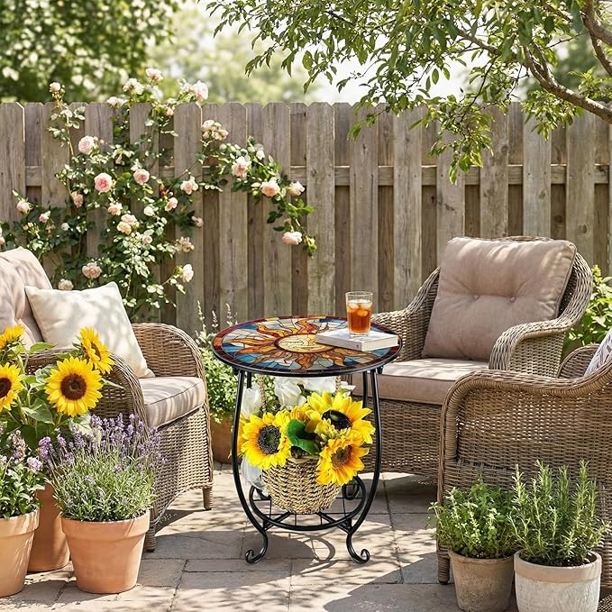 Outdoor Side Table Round Small Mosaic Patio Accent Indoor End Plant Coffee Te...