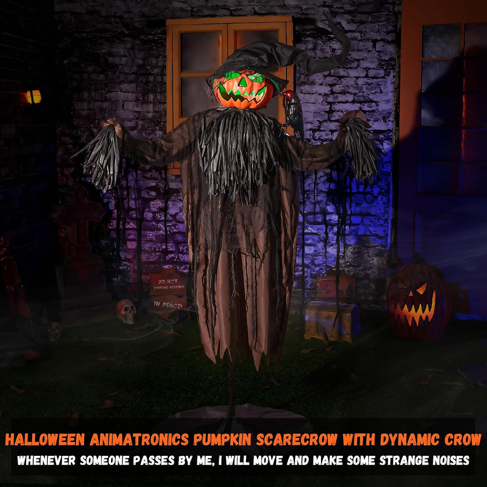 Halloween Animatronics Decorations, 5.5FT Animated Scarecrow with Pumpkin Hea...