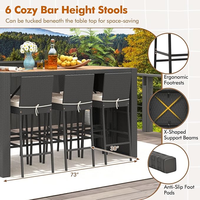 COSTWAY 7 PCS Patio Rattan Wicker Bar Set, 30'' Bar Height Chairs wit...