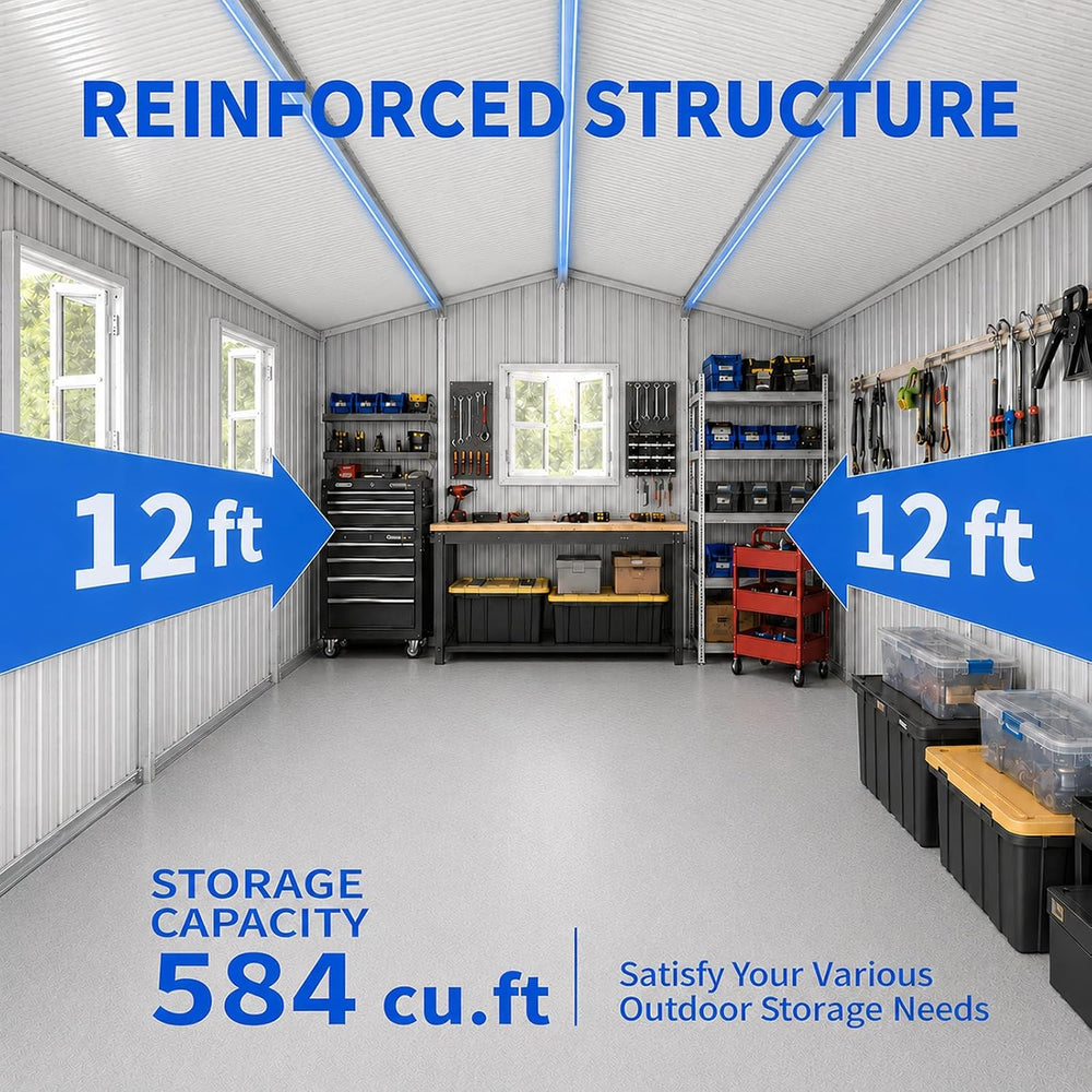 12x10 FT Outdoor Storage Shed with 3 Clear Windows, Metal Garden Shed with Fl...
