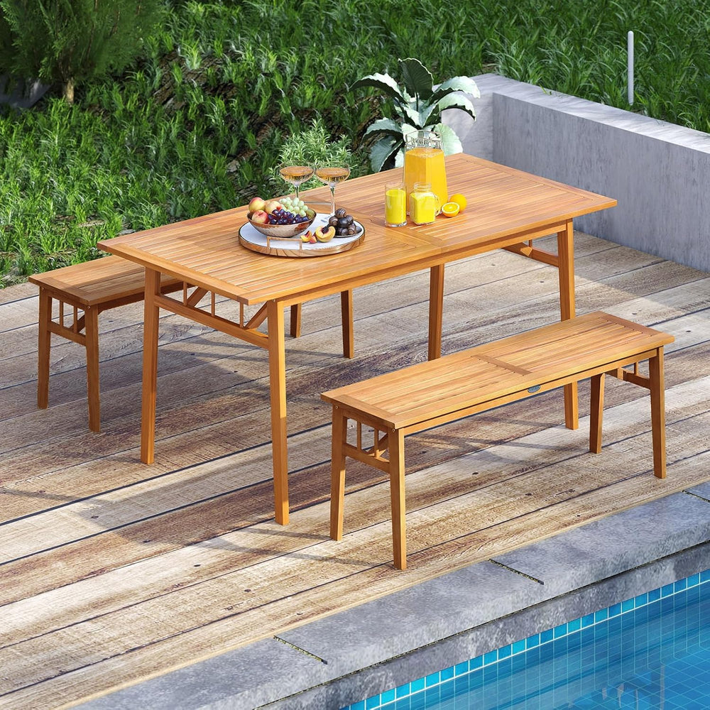 Tangkula 3 Pieces Patio Dining Set, Acacia Wood Space Saving Outdoor Rectangu...