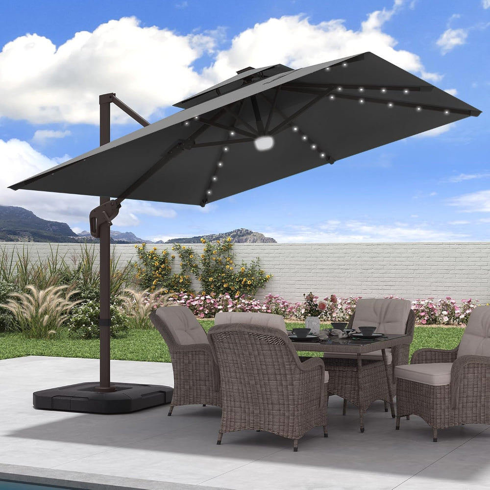 9x9 FT Cantilever Offset Patio Umbrella with Lights & Base