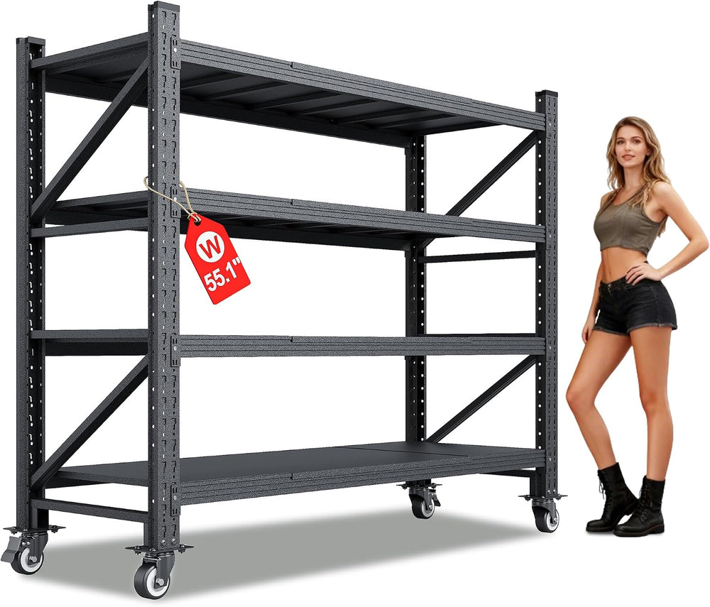 55.1” Wide Heavy Duty Metal Garage Shelving, Steel Shelf with Wheels
