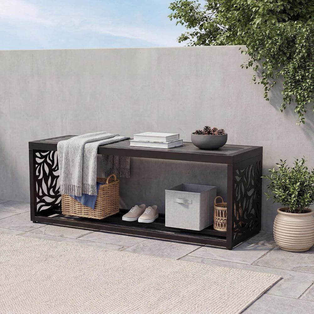 47" Outdoor Storage Bench, HDPE Seat, Steel Frame, Leaf