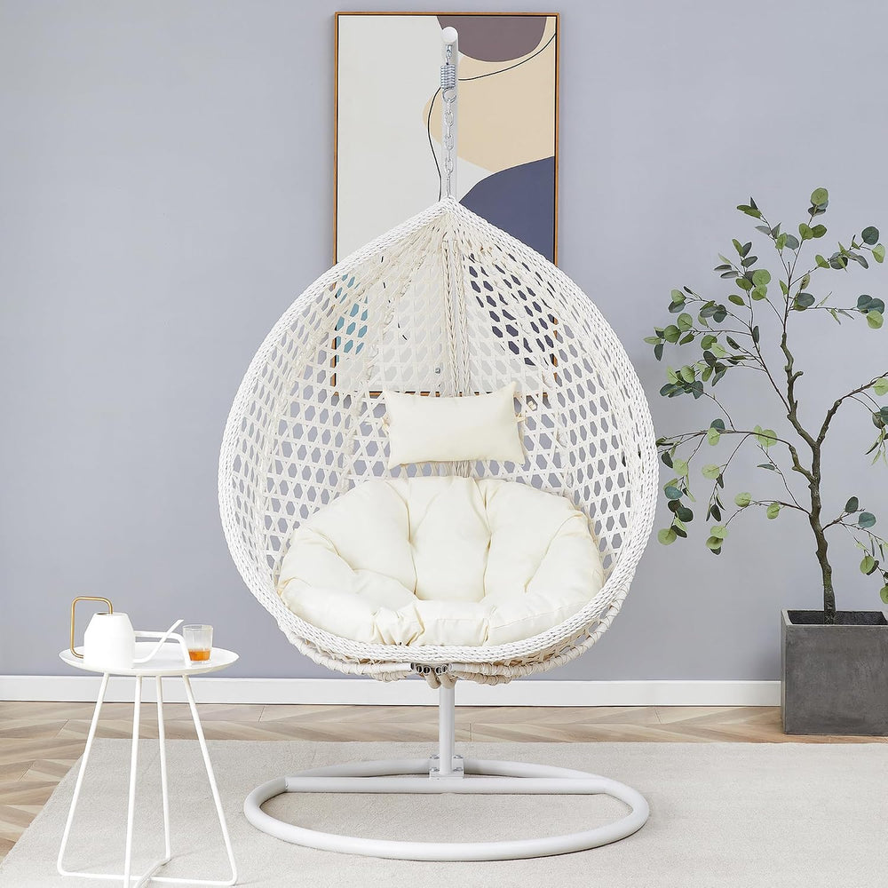 JUFU Egg Swing Chair with Stand, Hanging Egg Chair, White, Modern, Indoor/Out...