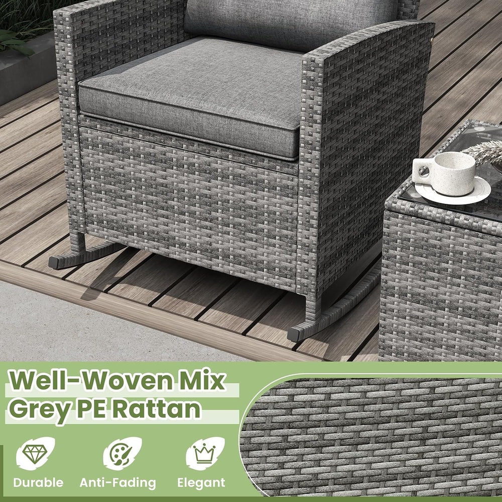 Tangkula 3 Piece Wicker Outdoor Rocking Chairs Set (Grey)