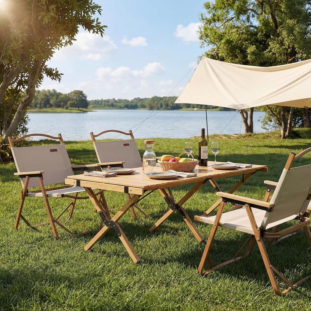 GYMAX 48 Inch Folding Camping Table, Roll-Up Pine Wood Picnic Table with Carr...